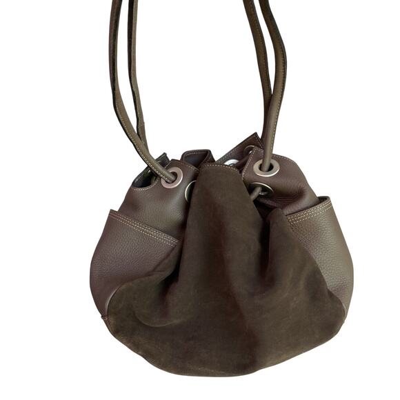 Vintage J Jill Brown Leather & Suede Boho Purse Grommet Cinch Boho Hobo Bag - Picture 6 of 8